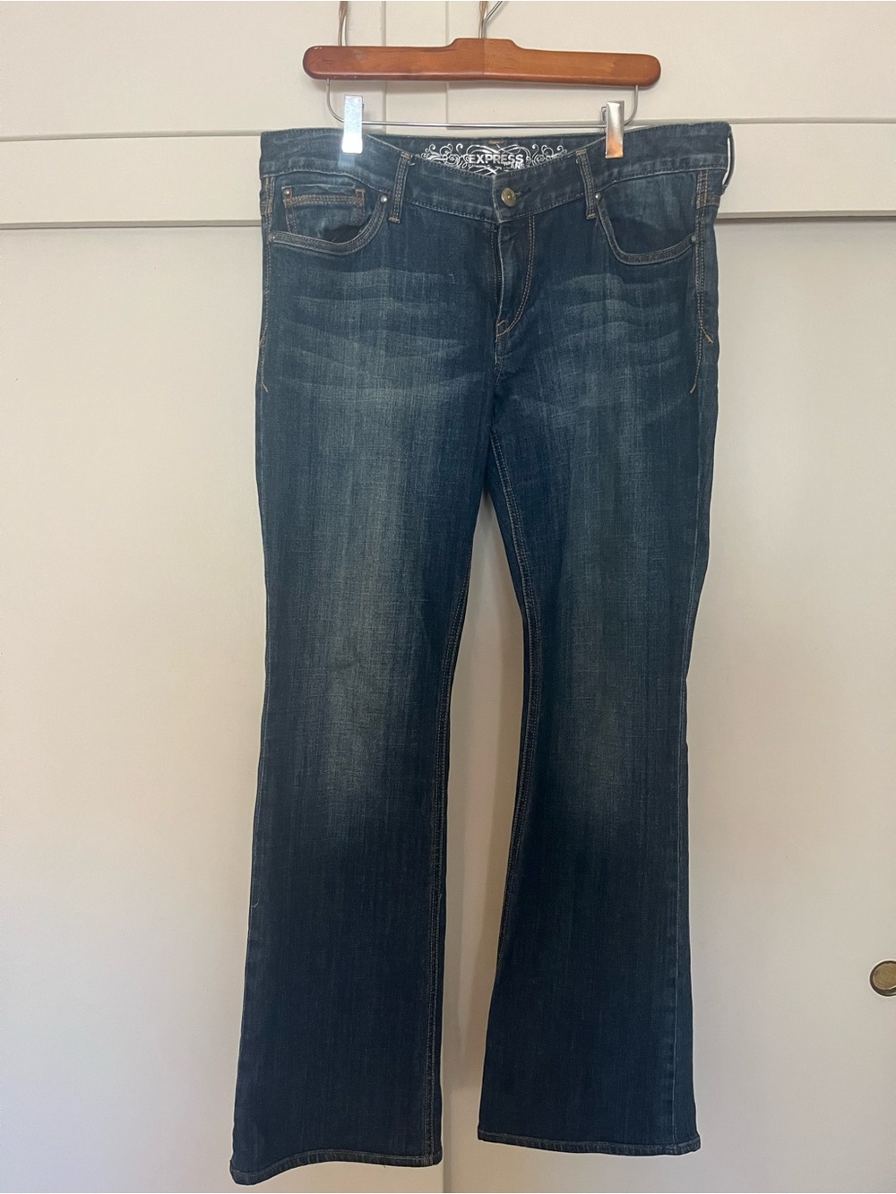 Express Stella Boot Cut Low Rise Jeans - Dark Blue